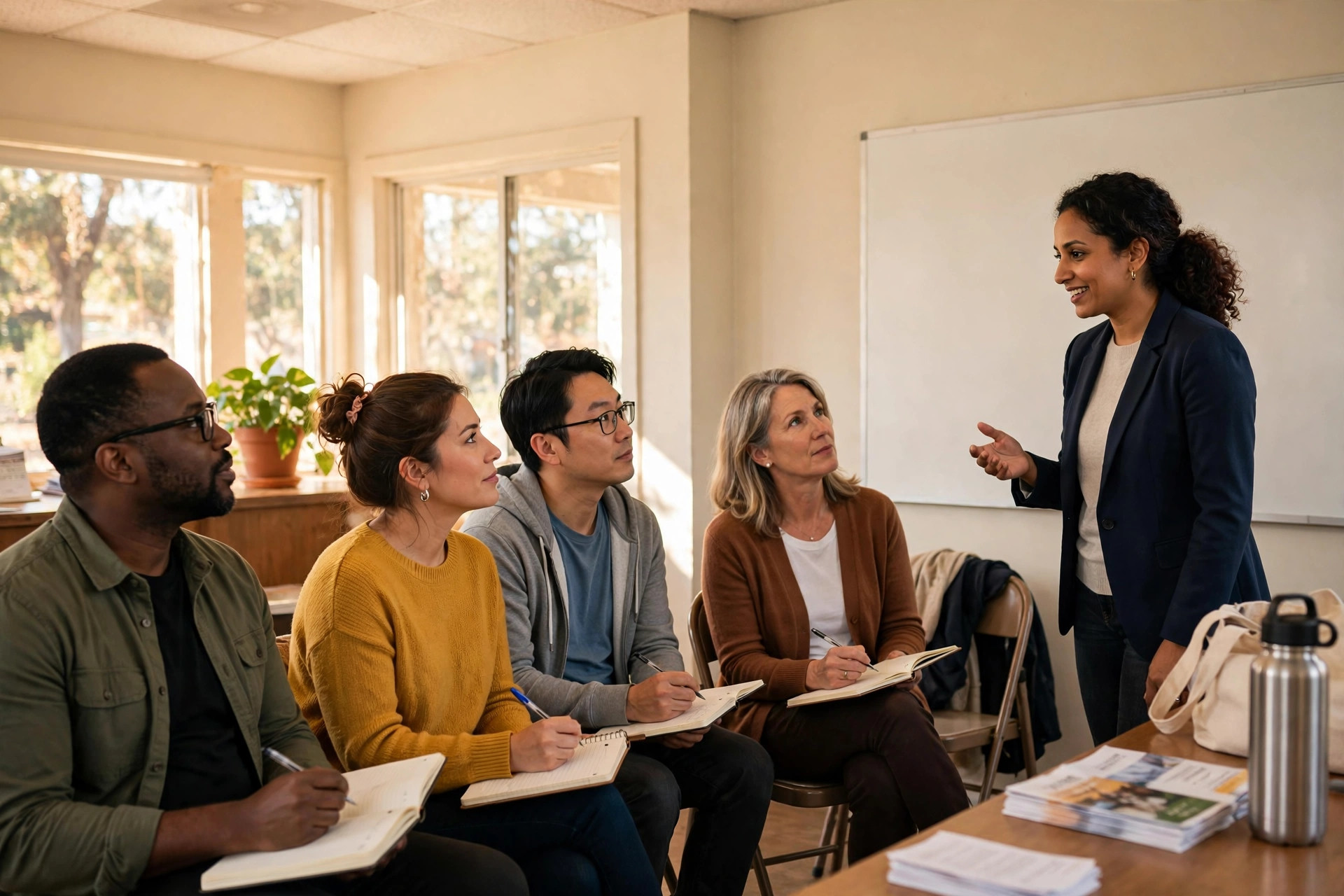 Job seekers attending a career workshop beside a whiteboard