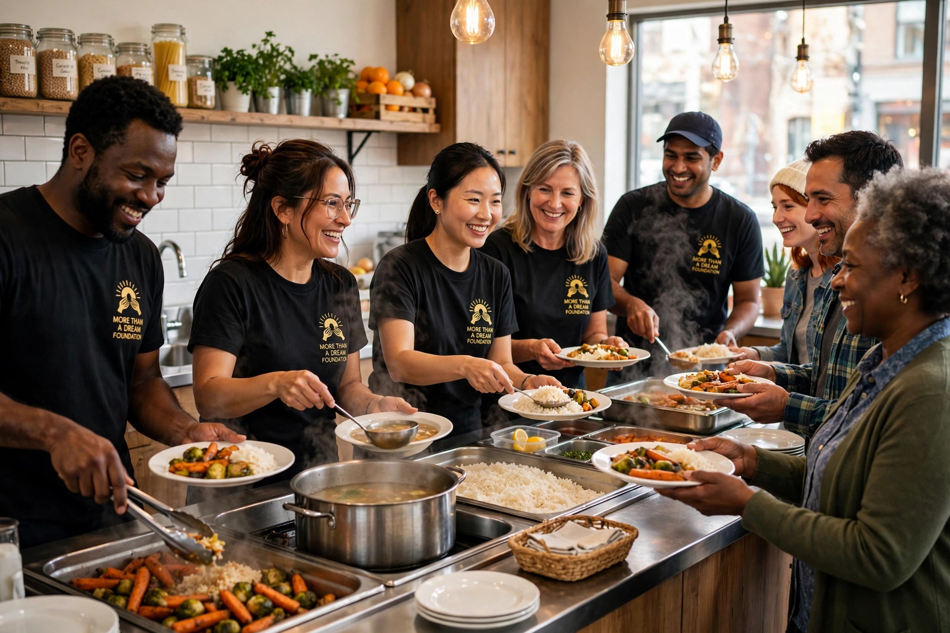Volunteers serving meals at a community kitchen