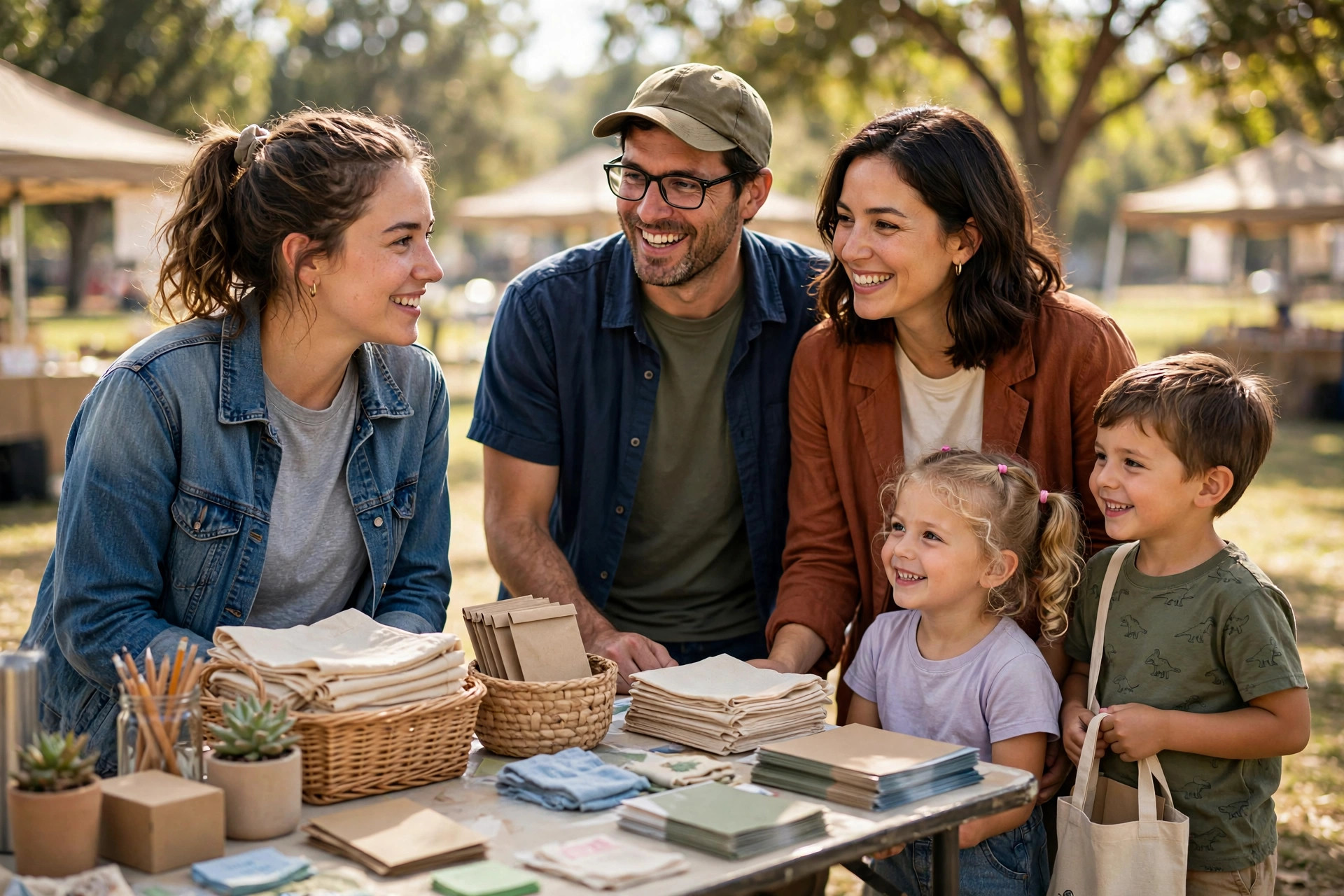A family talking with a volunteer at a community resource fair