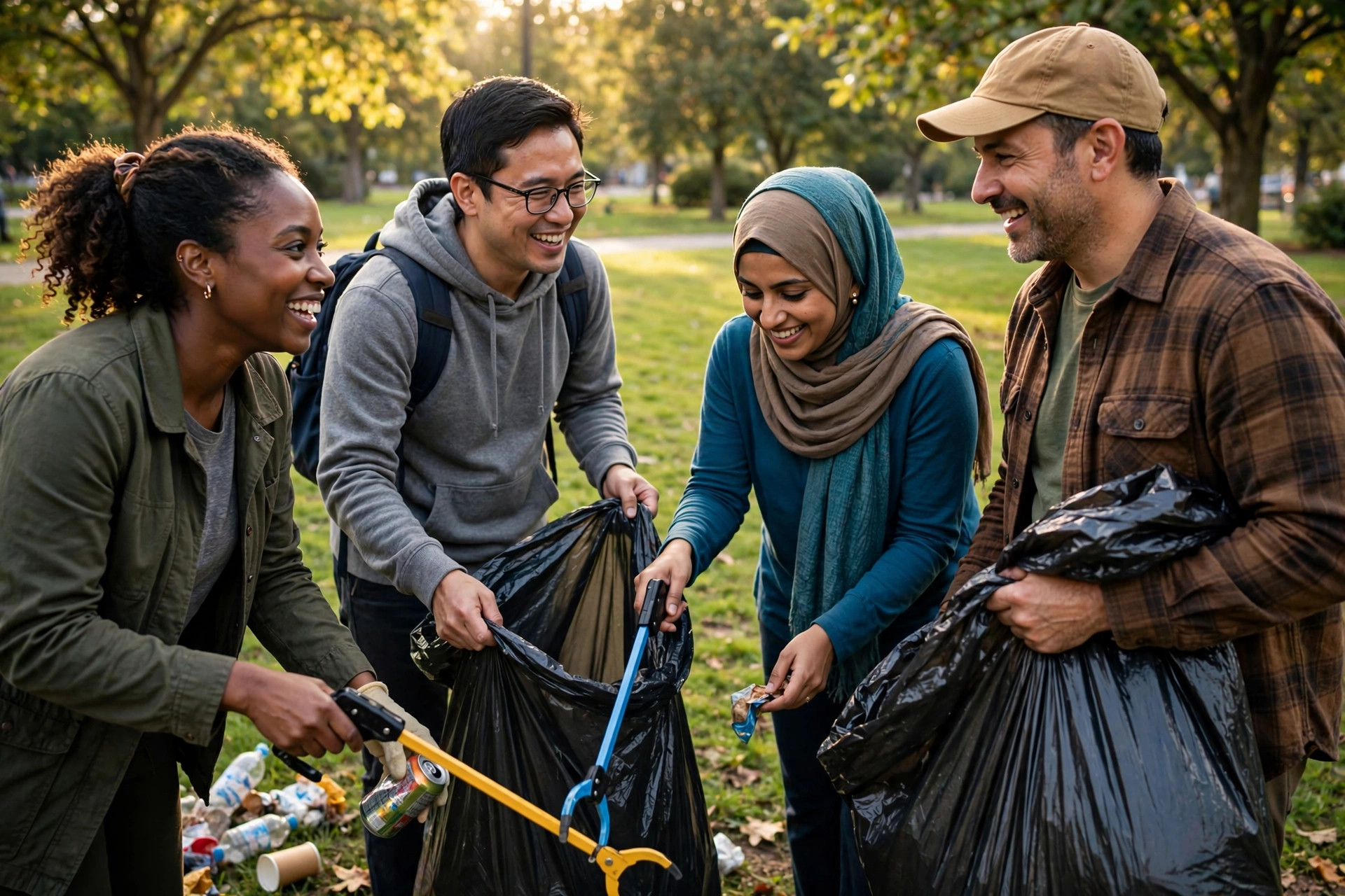 Volunteers working together at a community park clean-up