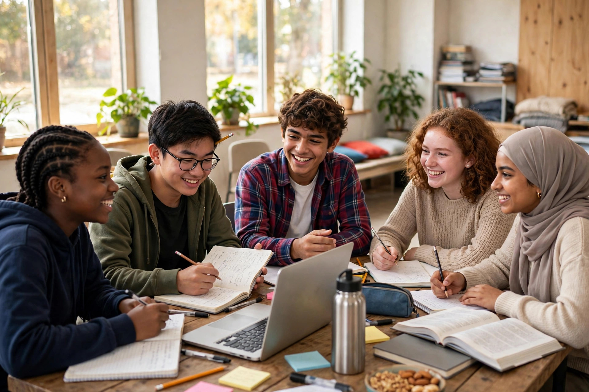 Teenagers studying together at a bright community center