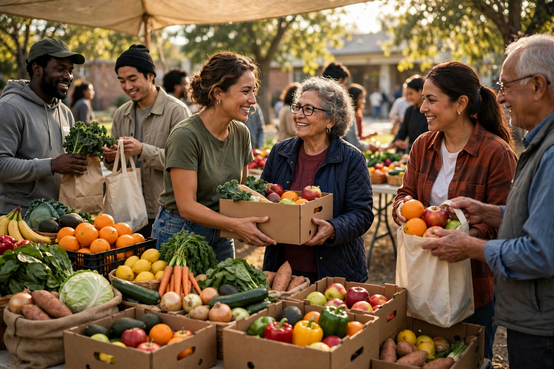 Volunteers distributing fresh food at an outdoor community event