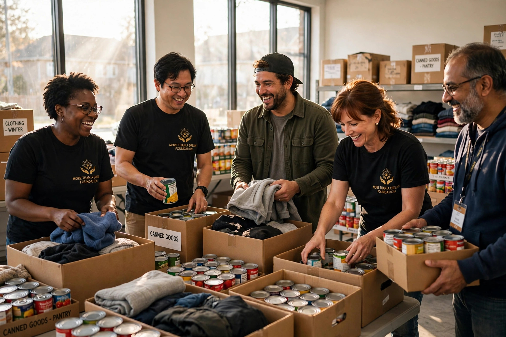 Diverse volunteers sorting donation boxes in a bright warehouse